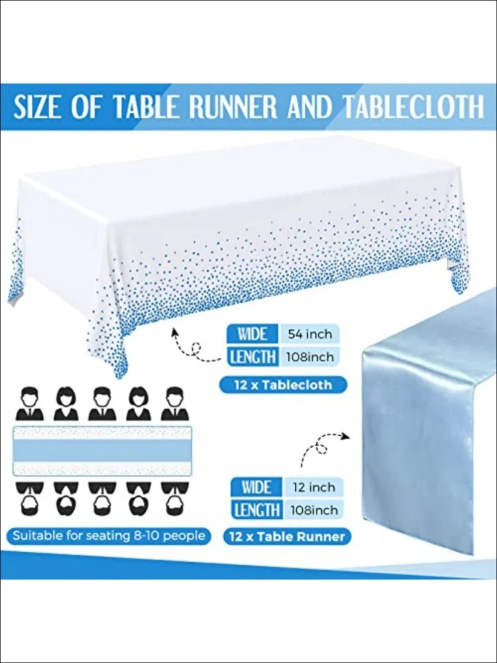 12 Pack Disposable Plastic Tablecloths and Satin Table Runner Set 54x108